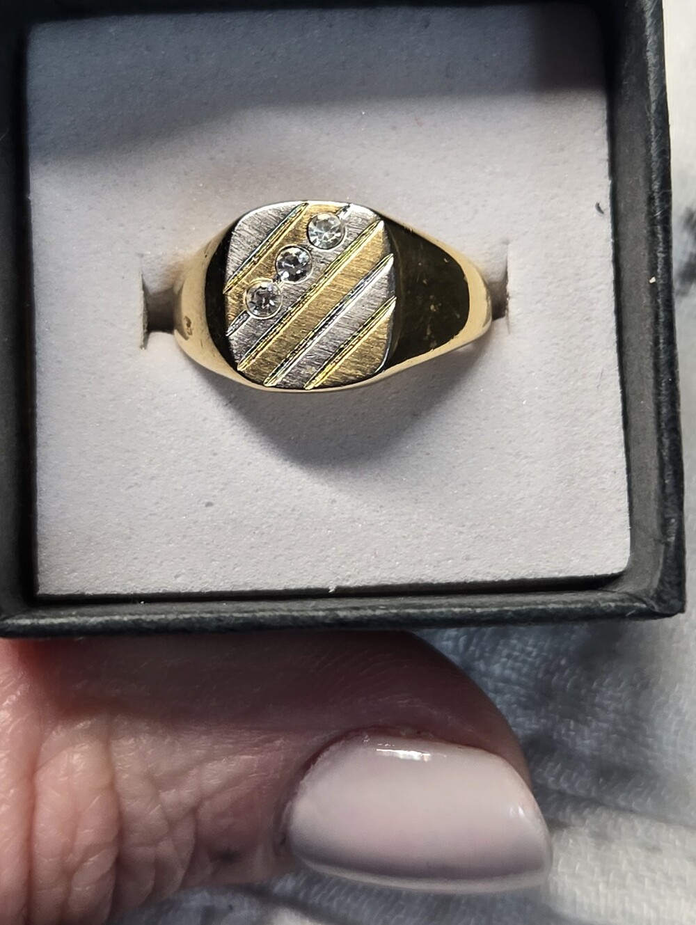 Gold Eletroplated Men’s Signet Ring with Three Stone Accents